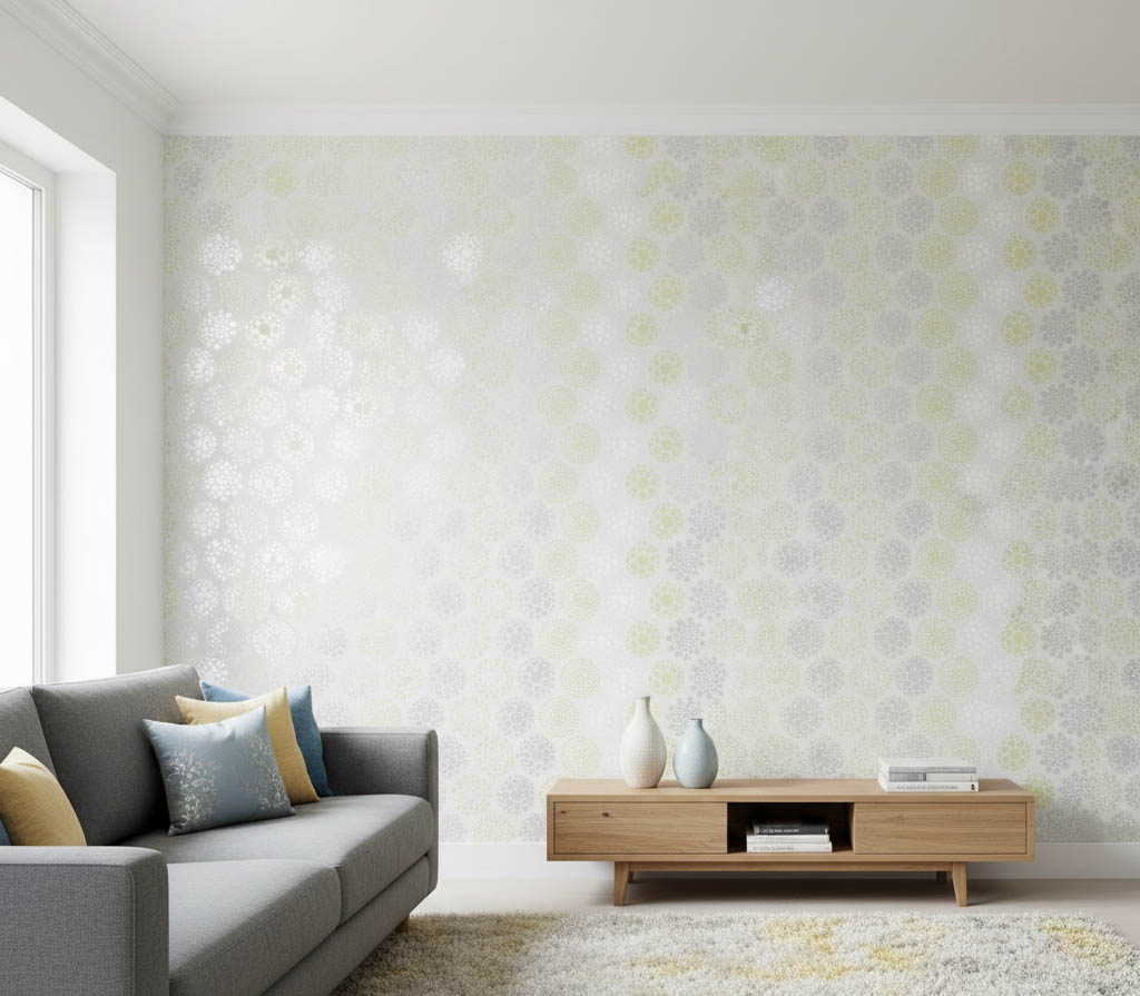 Sarı Gümüş Mavi Noktalı Çiçek Desen Duvar Kağıdı 111025