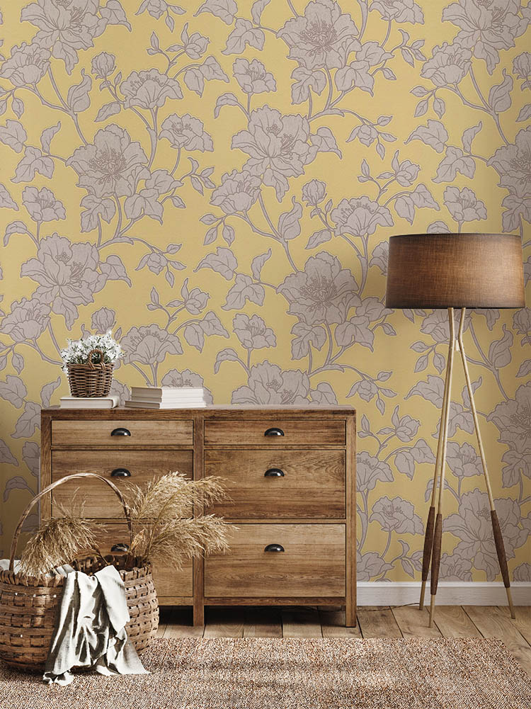 Sarı Kahve Çiçekli Duvar Kağıdı  765984