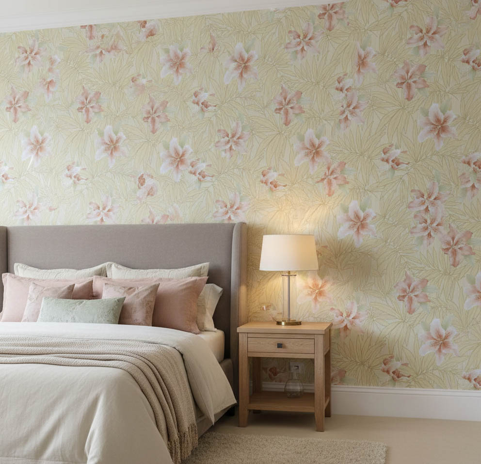 Sarı Yapraklar Pembe Çiçekli Tropikal Duvar Kağıdı 669534