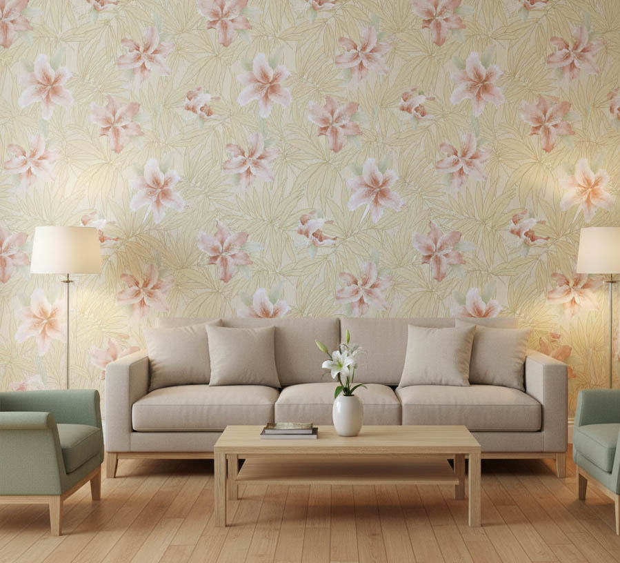 Sarı Yapraklar Pembe Çiçekli Tropikal Duvar Kağıdı 669534