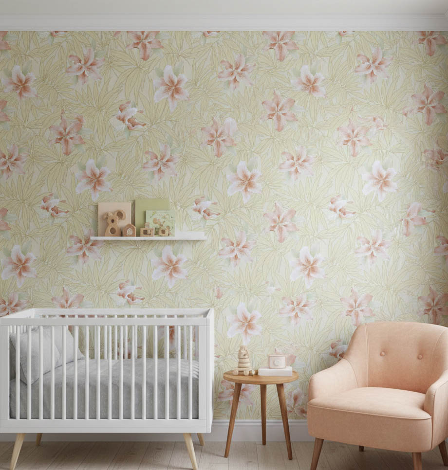 Sarı Yapraklar Pembe Çiçekli Tropikal Duvar Kağıdı 669534