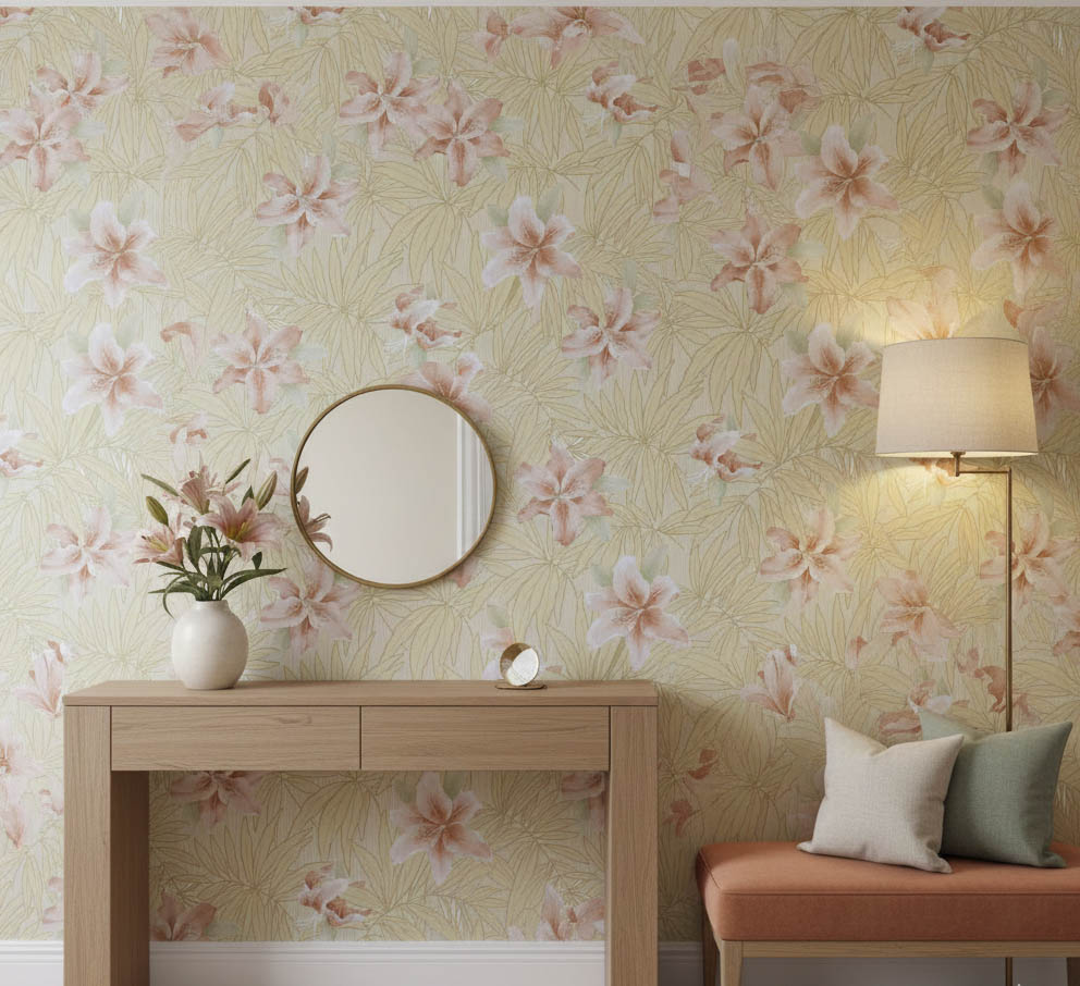 Sarı Yapraklar Pembe Çiçekli Tropikal Duvar Kağıdı 669534