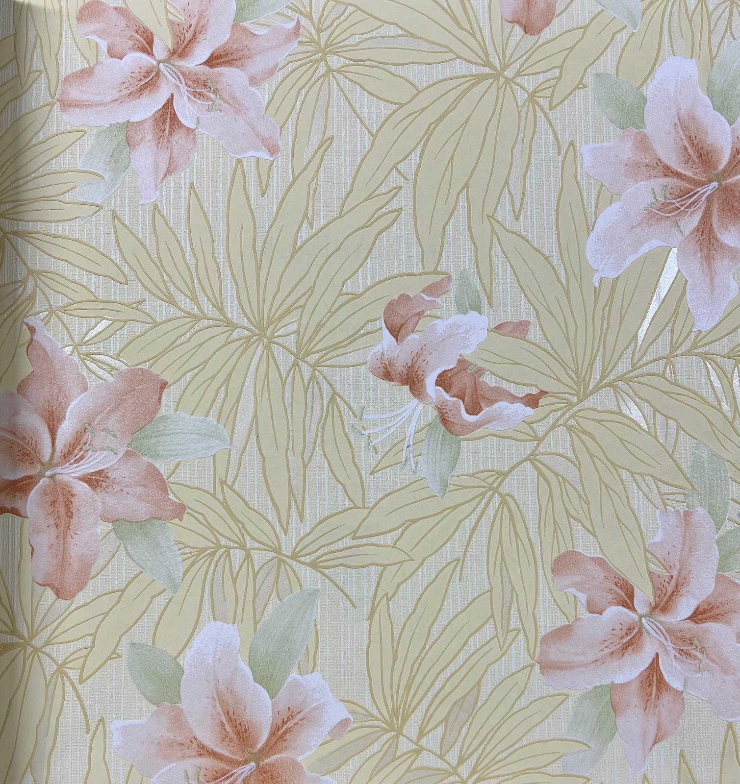 Sarı Yapraklar Pembe Çiçekli Tropikal Duvar Kağıdı 669534