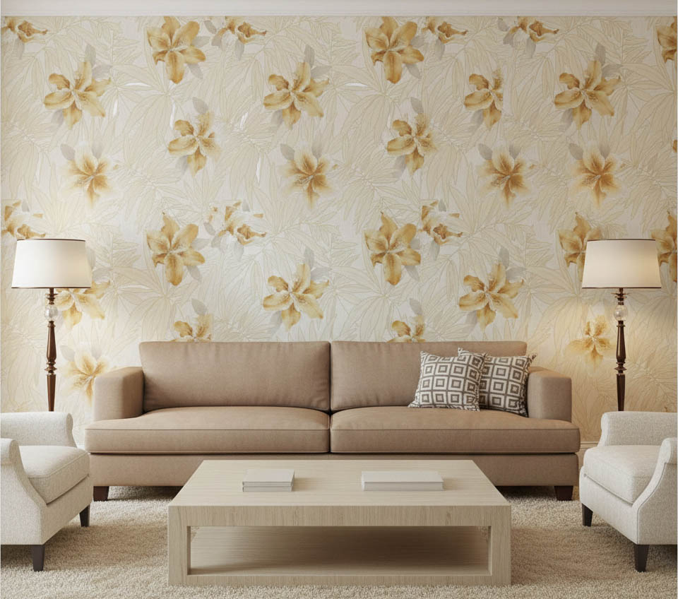 Sarı Yapraklı Sarı Turuncu Çiçekli  Tropikal Duvar Kağıdı 669527