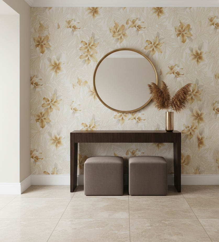 Sarı Yapraklı Sarı Turuncu Çiçekli  Tropikal Duvar Kağıdı 669527