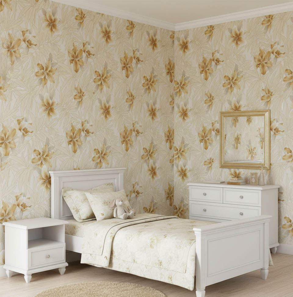 Sarı Yapraklı Sarı Turuncu Çiçekli  Tropikal Duvar Kağıdı 669527