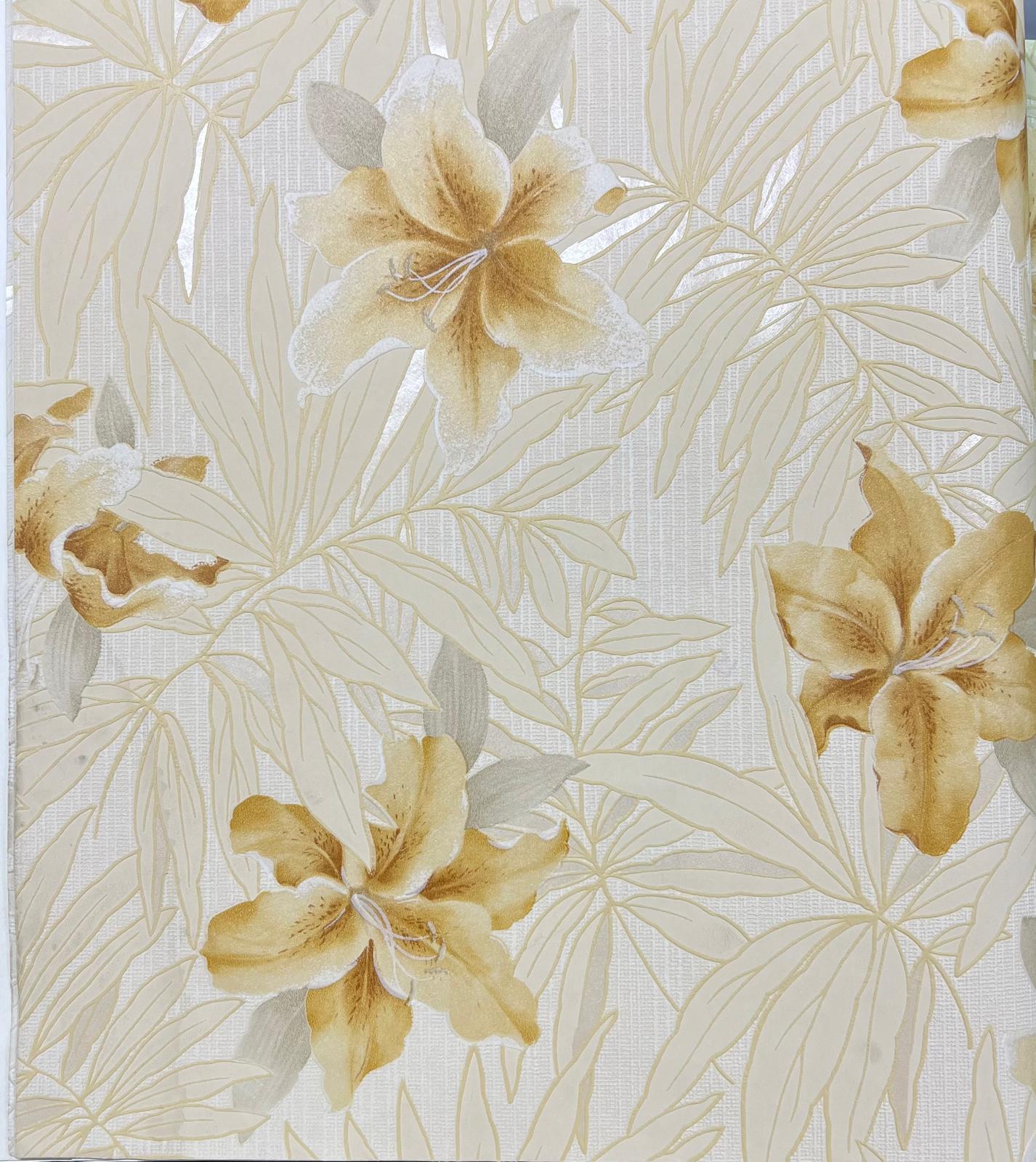 Sarı Yapraklı Sarı Turuncu Çiçekli  Tropikal Duvar Kağıdı 669527