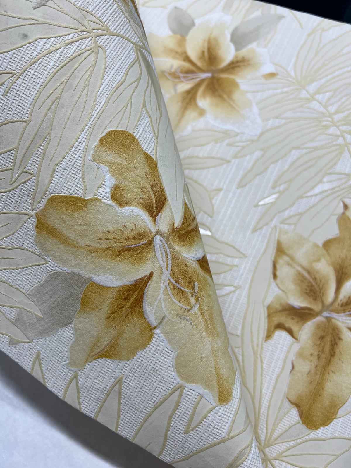 Sarı Yapraklı Sarı Turuncu Çiçekli  Tropikal Duvar Kağıdı 669527