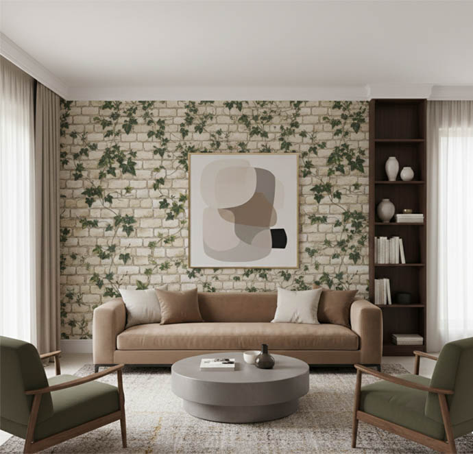 Sarmaşık Yeşil Yapraklı Taş Desen 16 M2 Duvar Kağıdı 10203-1