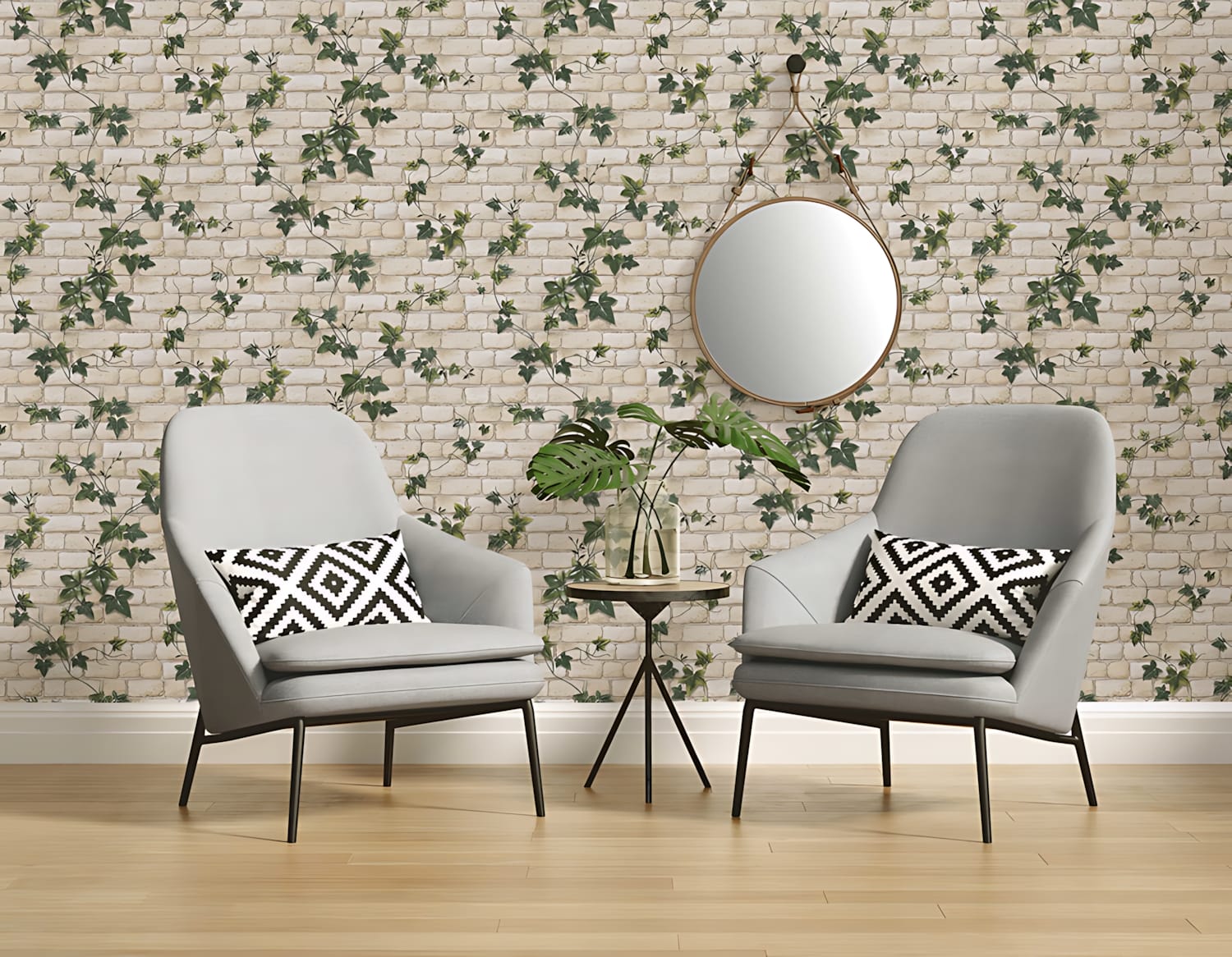 Sarmaşık Yeşil Yapraklı Taş Desen 16 M2 Duvar Kağıdı 16 M²