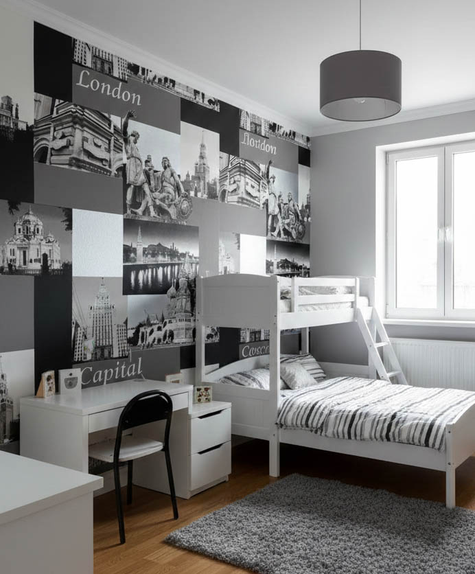 Siyah Beyaz Gümüş Mimari Desen Duvar Kağıdı 