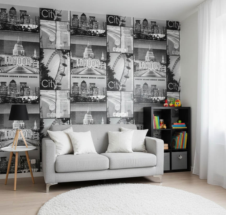 Siyah Beyaz Gümüş Simli Mimari Desen Duvar Kağıdı 