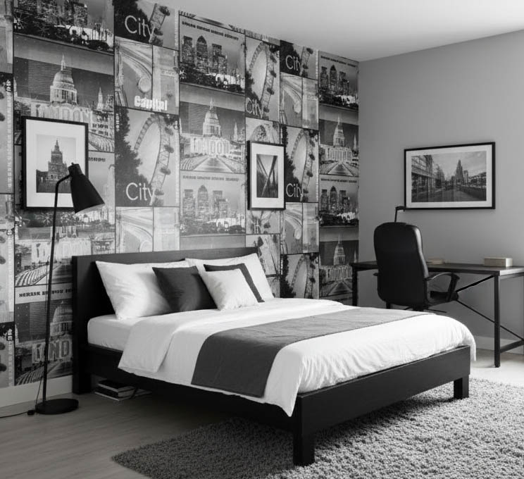 Siyah Beyaz Gümüş Simli Mimari Desen Duvar Kağıdı 