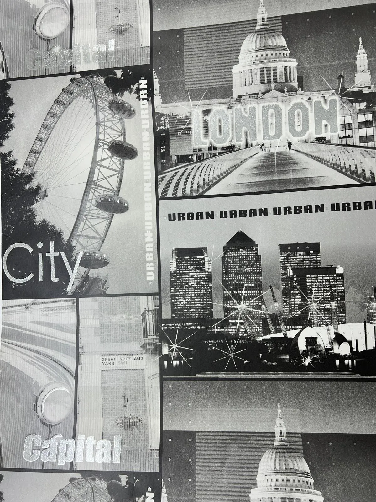 Siyah Beyaz Gümüş Simli Mimari Desen Duvar Kağıdı 