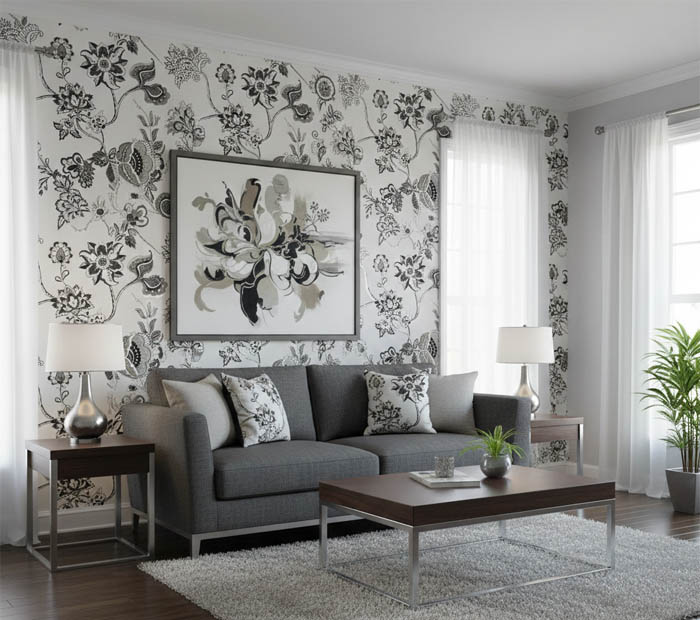 Siyah Beyaz Parlak Çiçek Desenli Duvar Kağıdı 3007