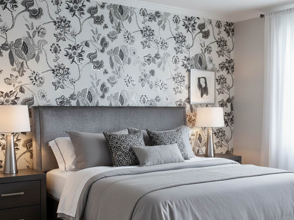 Siyah Beyaz Parlak Çiçek Desenli Duvar Kağıdı 3007