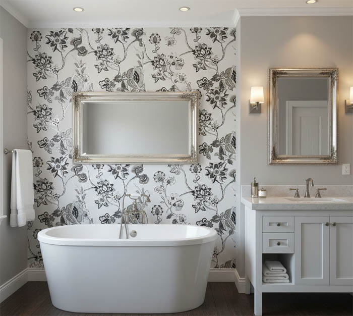 Siyah Beyaz Parlak Çiçek Desenli Duvar Kağıdı 3007