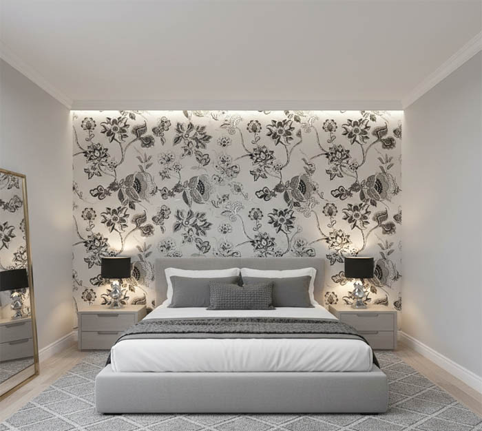 Siyah Beyaz Parlak Çiçek Desenli Duvar Kağıdı 3007