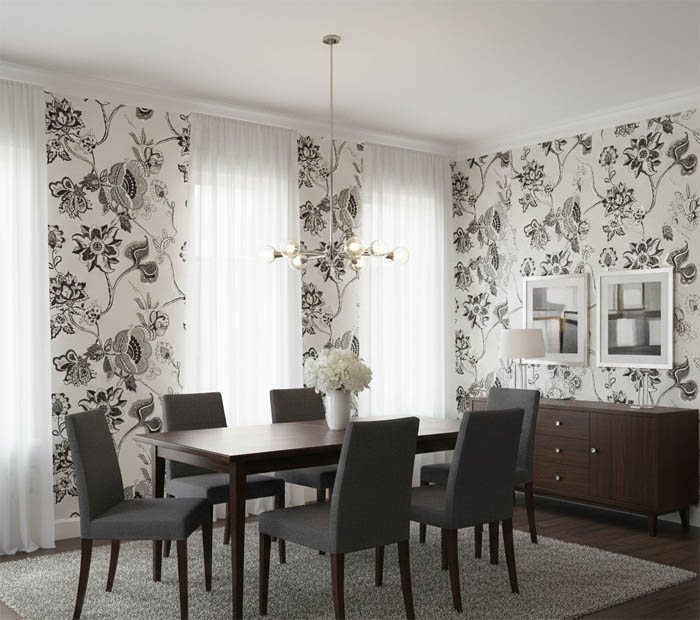 Siyah Beyaz Parlak Çiçek Desenli Duvar Kağıdı 3007