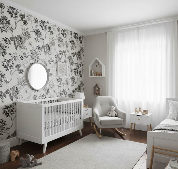 Siyah Beyaz Parlak Çiçek Desenli Duvar Kağıdı 3007