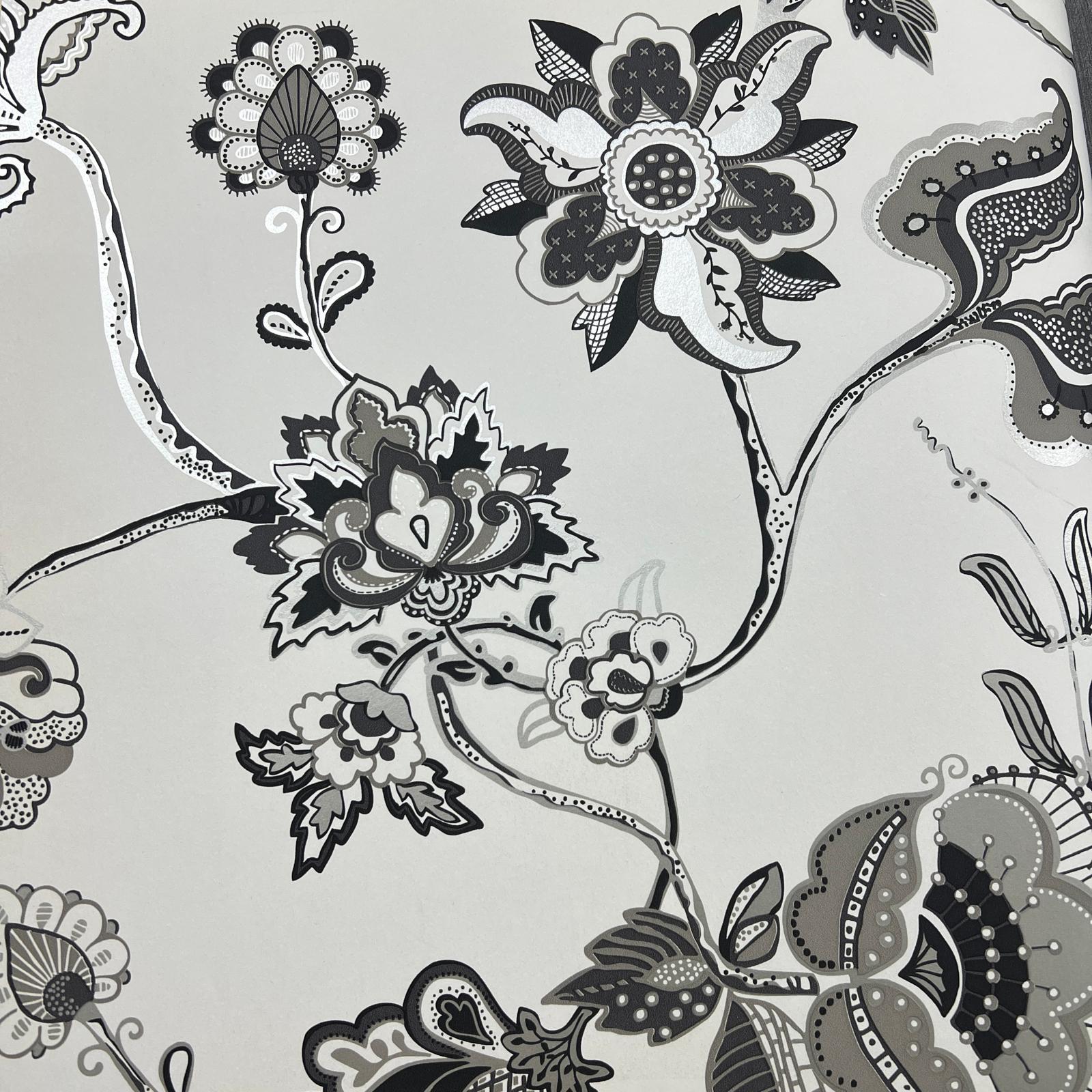 Siyah Beyaz Parlak Çiçek Desenli Duvar Kağıdı 3007
