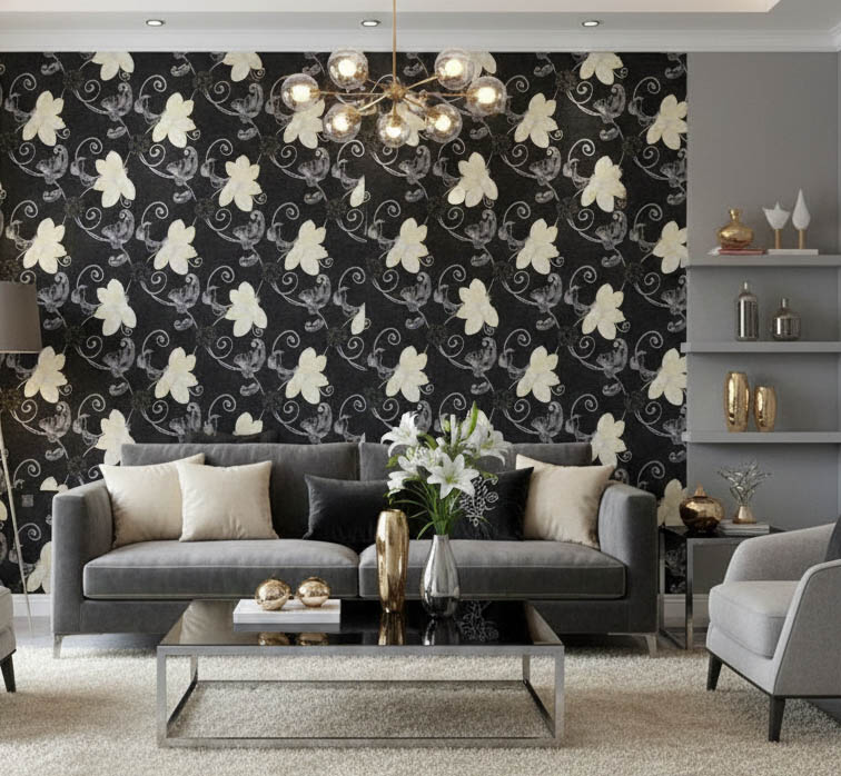 Siyah Çiçek Desen Duvar Kağıdı 126857/B