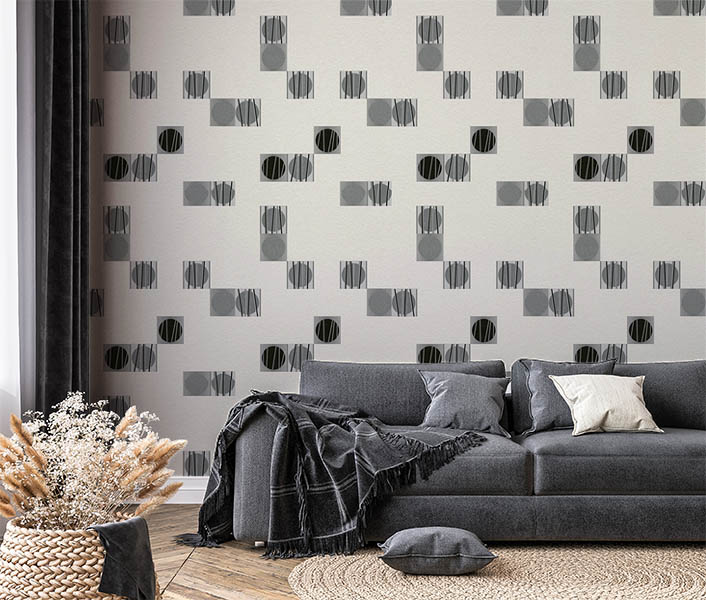 Siyah Gümüş Geometrik Desenli Dokulu Duvar Kağıdı 55110