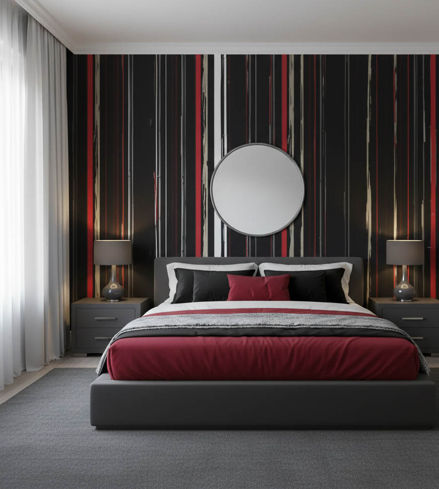 Siyah Kırmızı Krem Çizgi Desen Duvar Kağıdı 3108