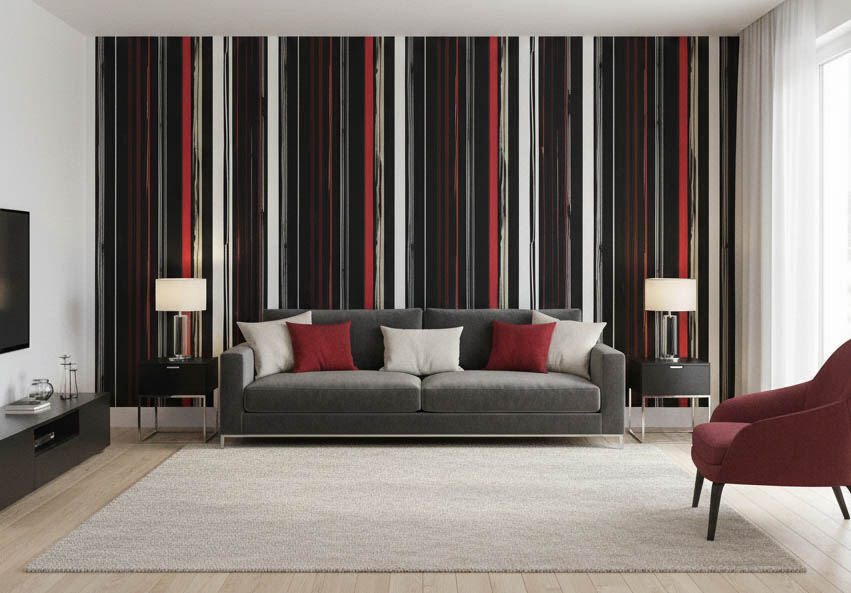Siyah Kırmızı Krem Çizgi Desen Duvar Kağıdı 3108