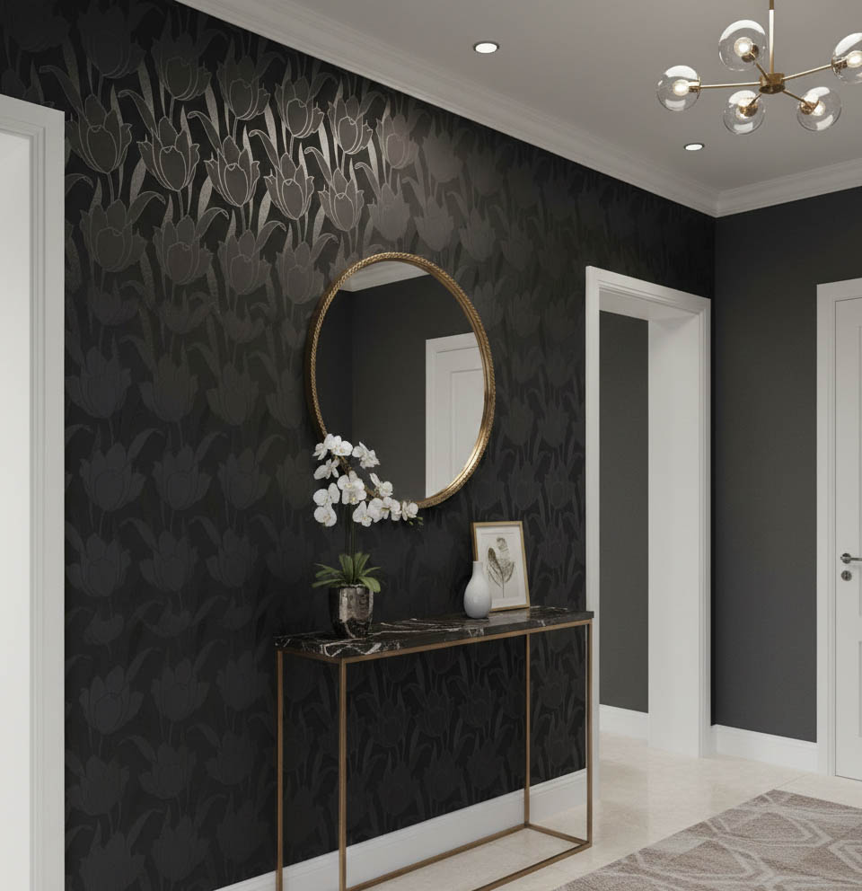 Siyah Parlak Çiçekli Duvar Kağıdı 670141