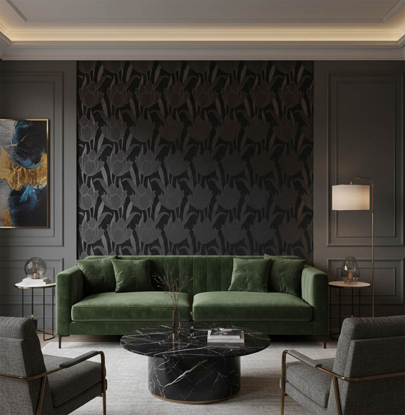 Siyah Parlak Çiçekli Duvar Kağıdı 670141