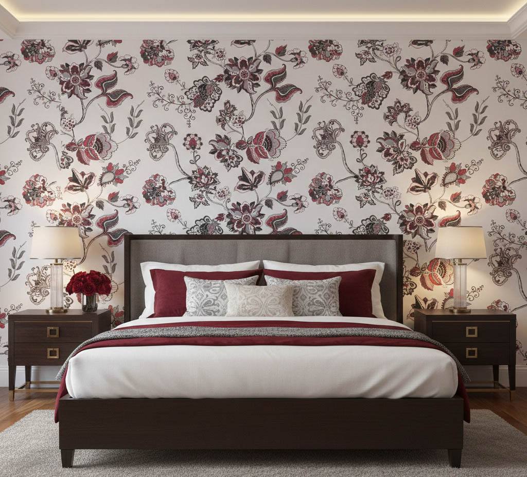 Siyah Pembe Gümüş Çiçek Desen Duvar Kağıdı 3008