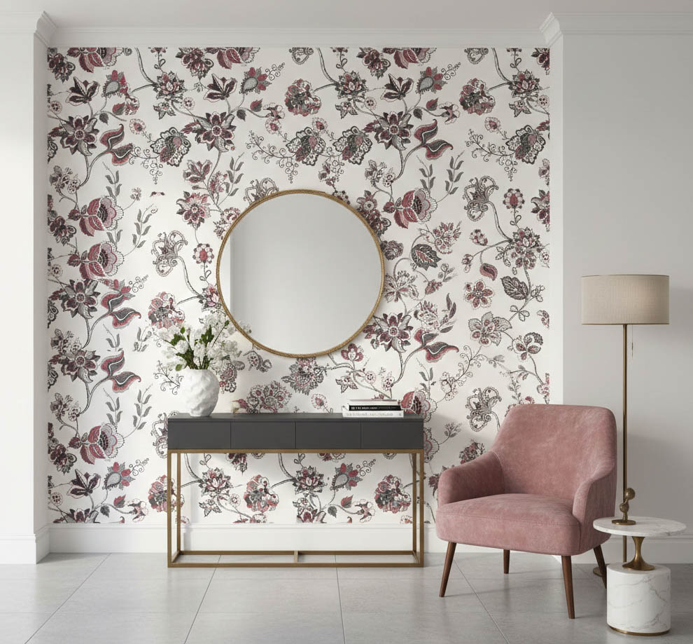 Siyah Pembe Gümüş Çiçek Desen Duvar Kağıdı 3008