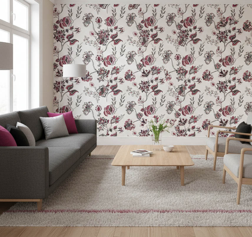 Siyah Pembe Gümüş Çiçek Desen Duvar Kağıdı 3008