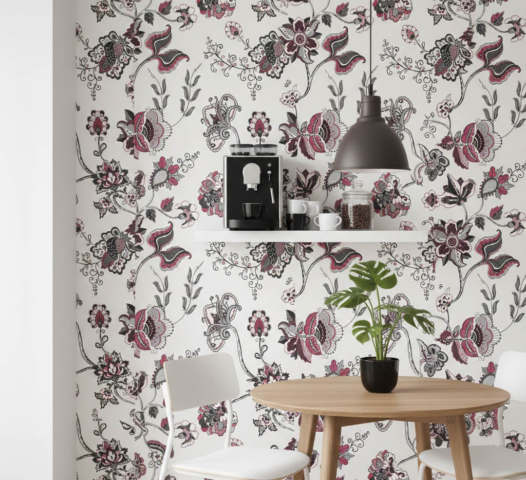 Siyah Pembe Gümüş Çiçek Desen Duvar Kağıdı 3008