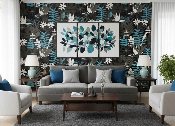 Siyah Zemin Mavi Beyaz Çiçek Duvar Kağıdı 112032