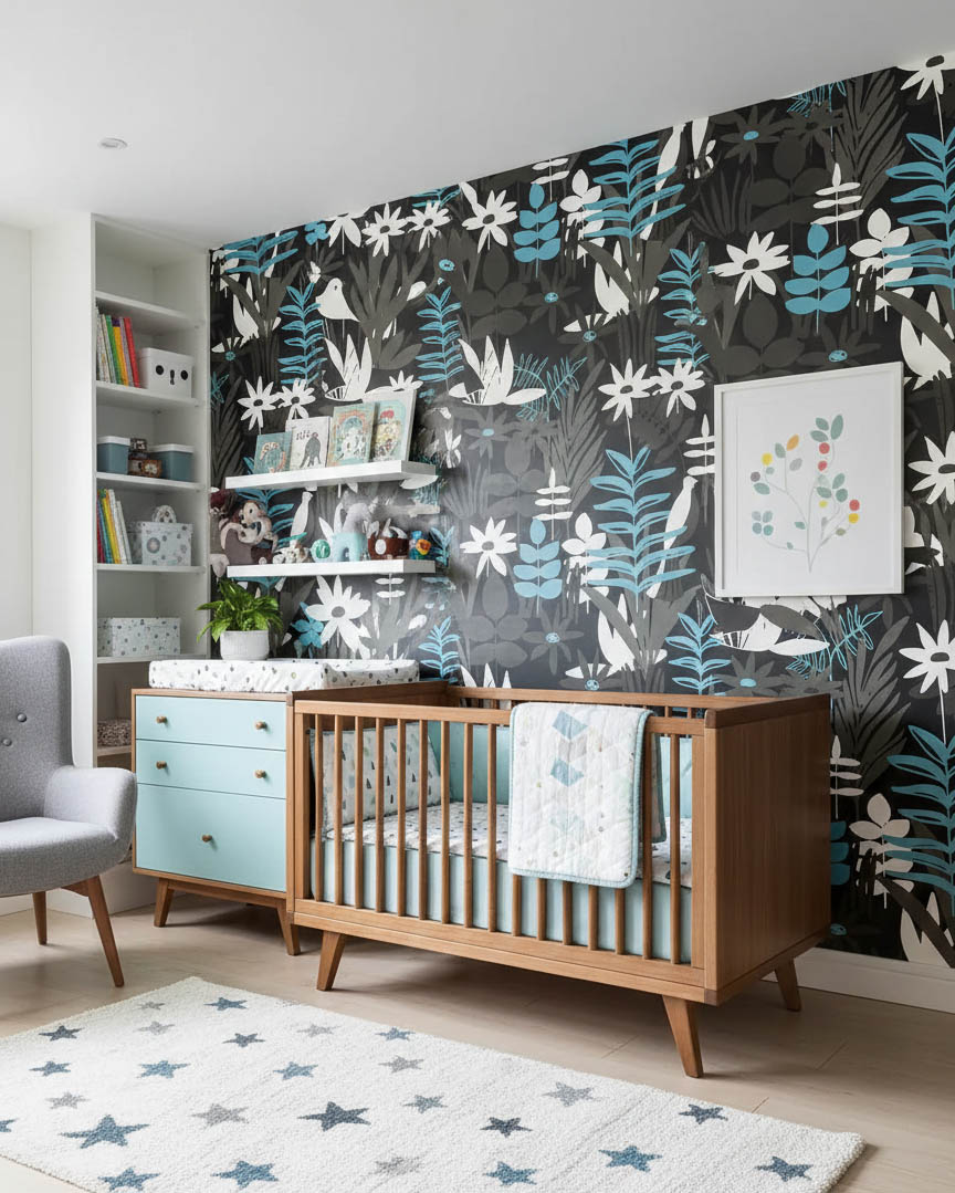 Siyah Zemin Mavi Beyaz Çiçek Duvar Kağıdı 112032