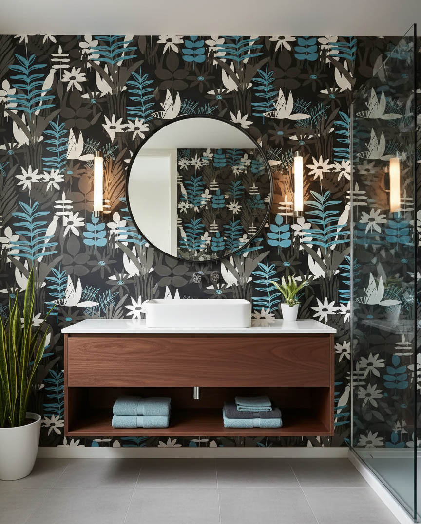 Siyah Zemin Mavi Beyaz Çiçek Duvar Kağıdı 112032