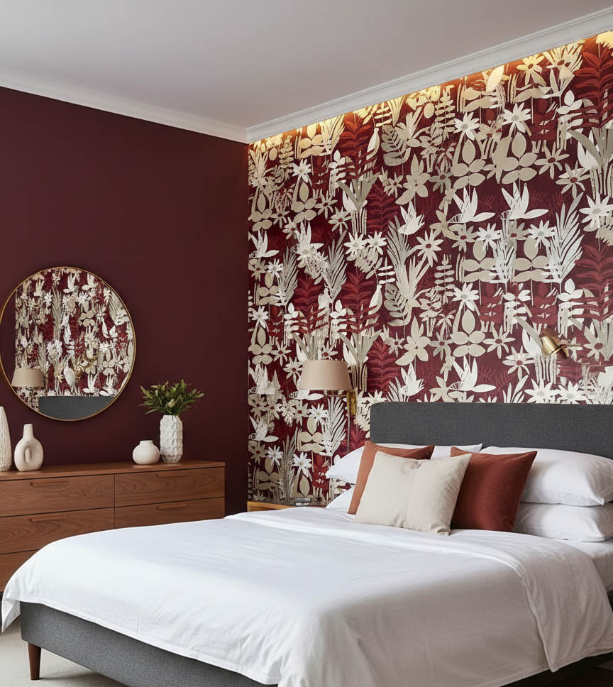 Soft Kırmızı Bej Tropik Duvar Kağıdı 112033