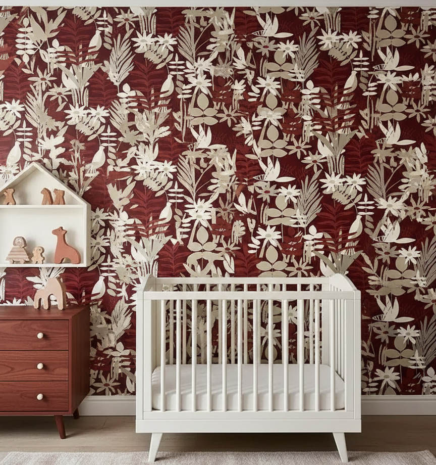 Soft Kırmızı Bej Tropik Duvar Kağıdı 112033