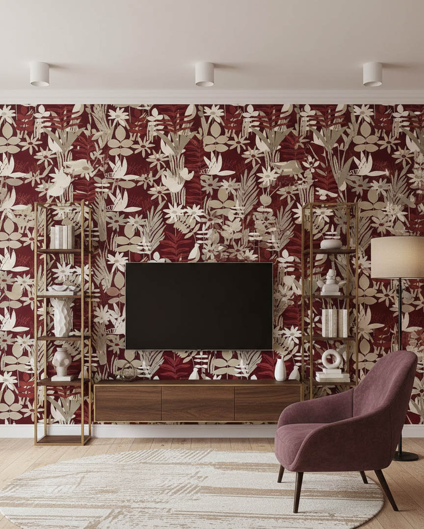 Soft Kırmızı Bej Tropik Duvar Kağıdı 112033