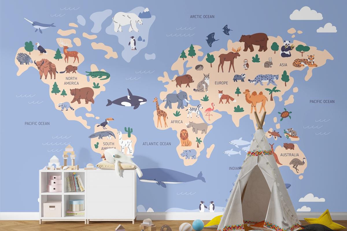 Suda Ve Yeryüzünde Hayvanların Bulunduğu Dünya Haritası Coğrafya Çocuk Odası Duvar Kağıdı