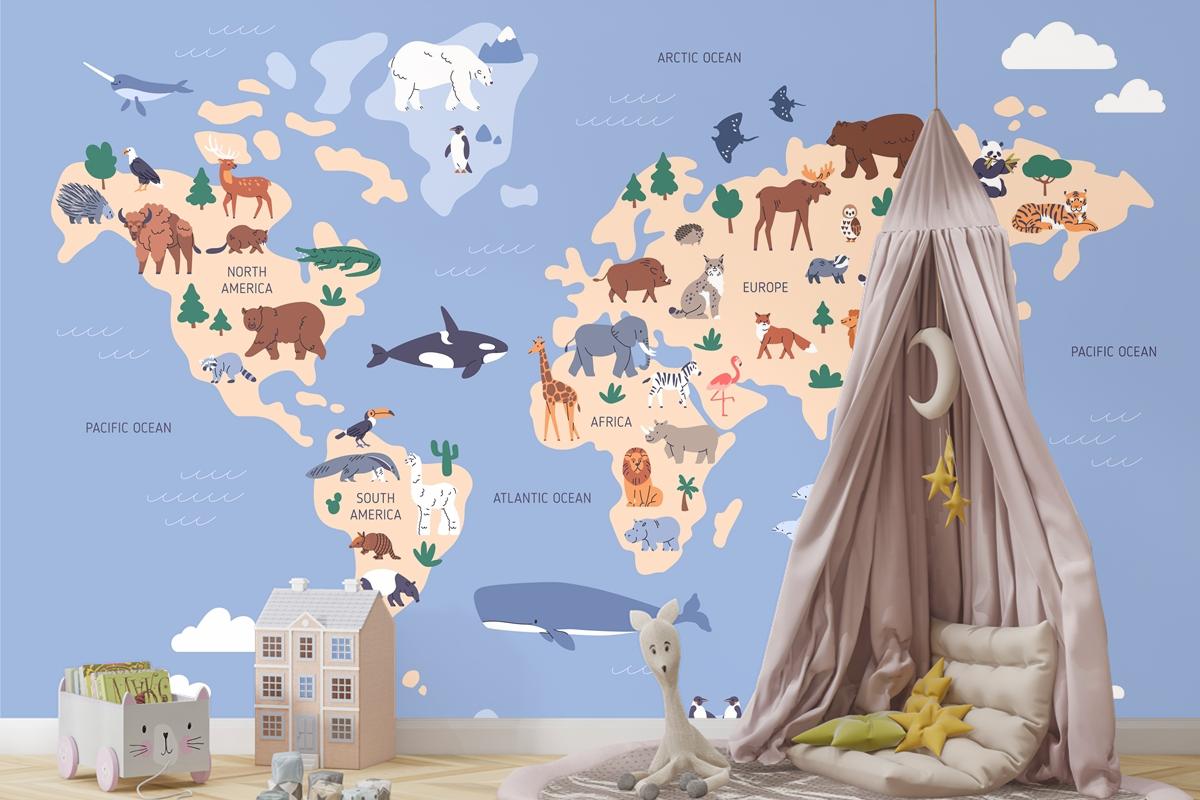 Suda Ve Yeryüzünde Hayvanların Bulunduğu Dünya Haritası Coğrafya Çocuk Odası Duvar Kağıdı