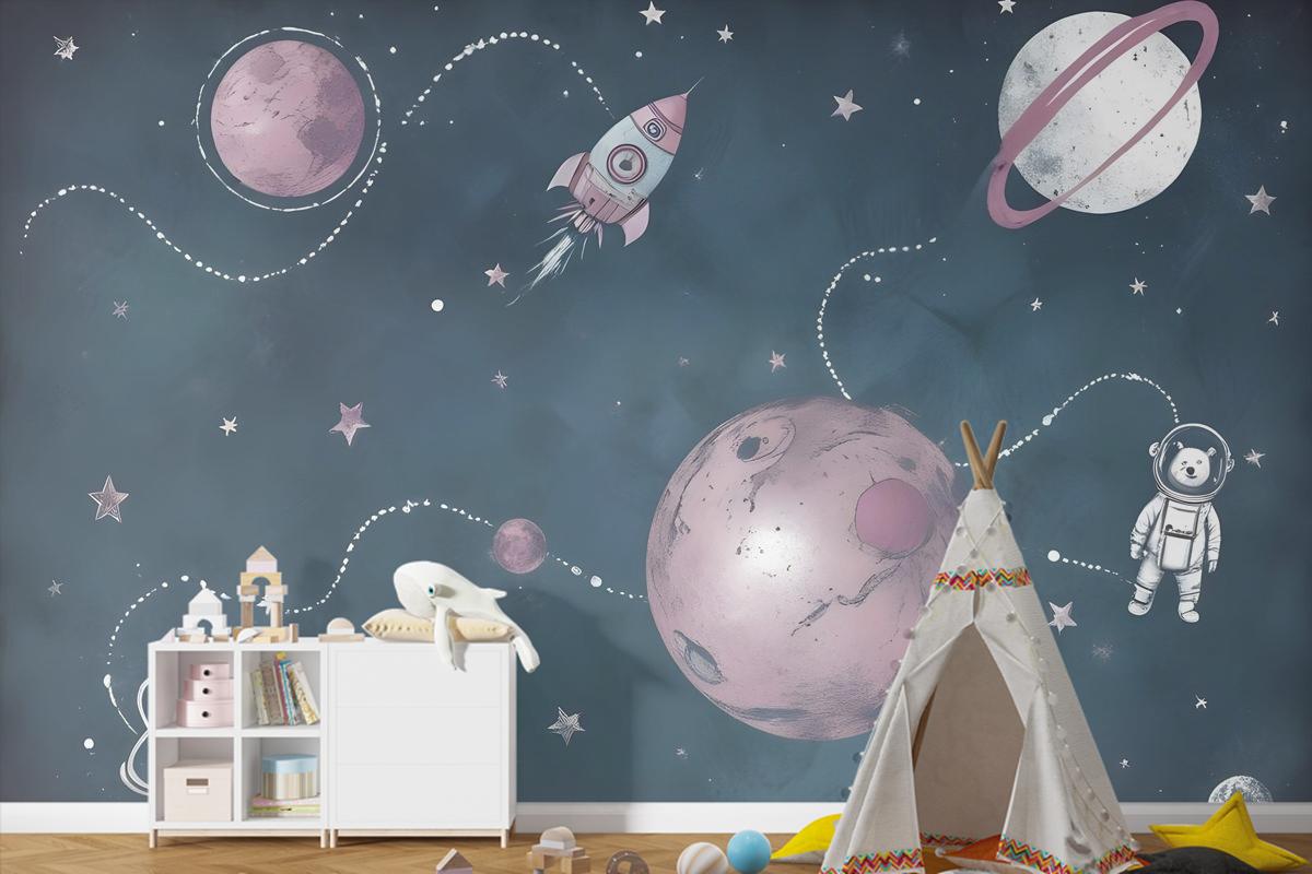 Suluboya Ayı Astronot Çocuk Odası Duvar Kağıdı Ile Uzay Parlayan Çocuklar
