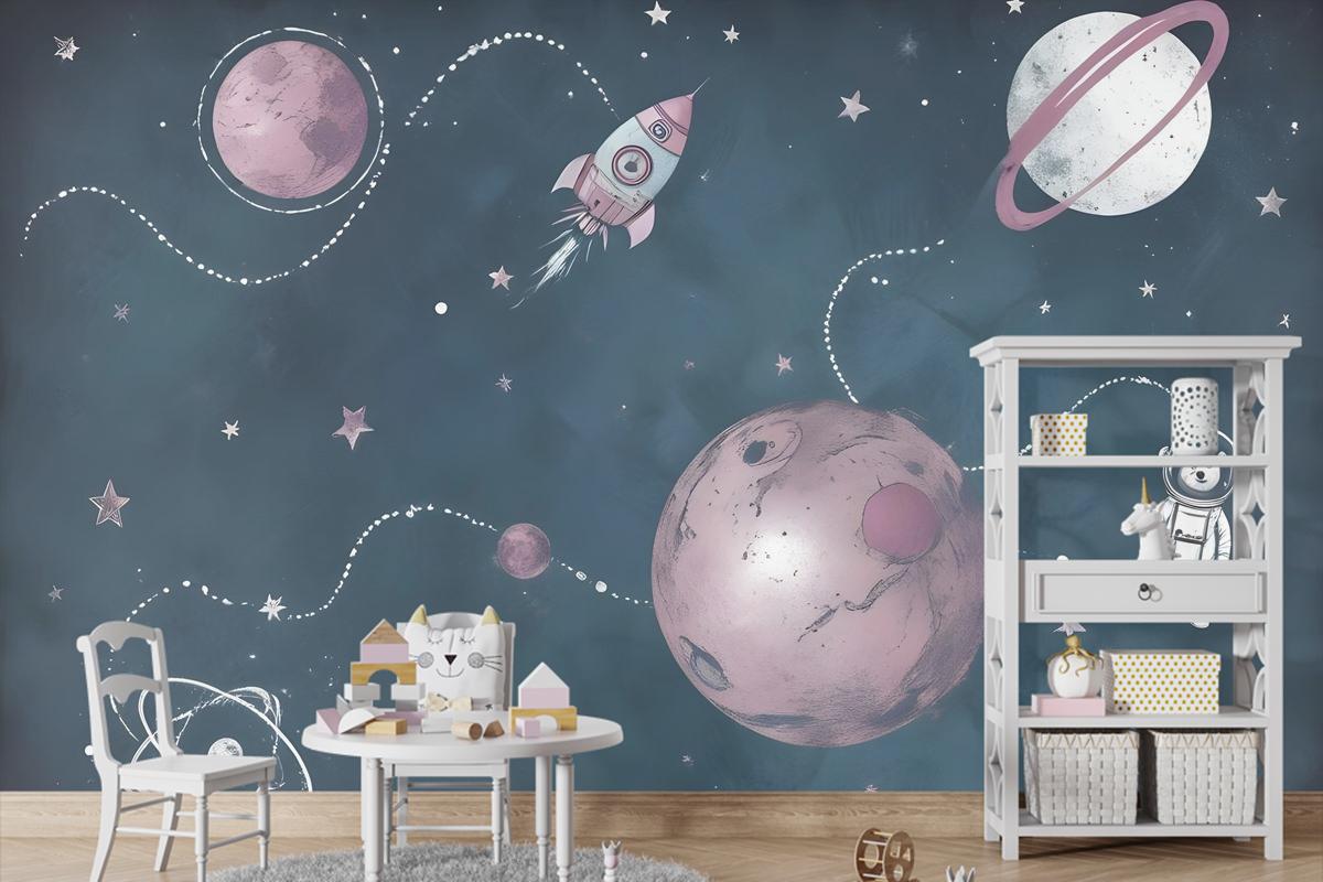 Suluboya Ayı Astronot Çocuk Odası Duvar Kağıdı Ile Uzay Parlayan Çocuklar