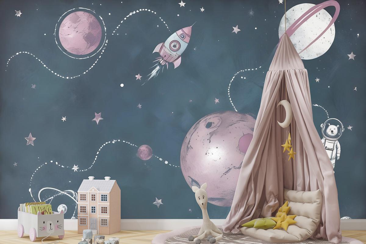 Suluboya Ayı Astronot Çocuk Odası Duvar Kağıdı Ile Uzay Parlayan Çocuklar