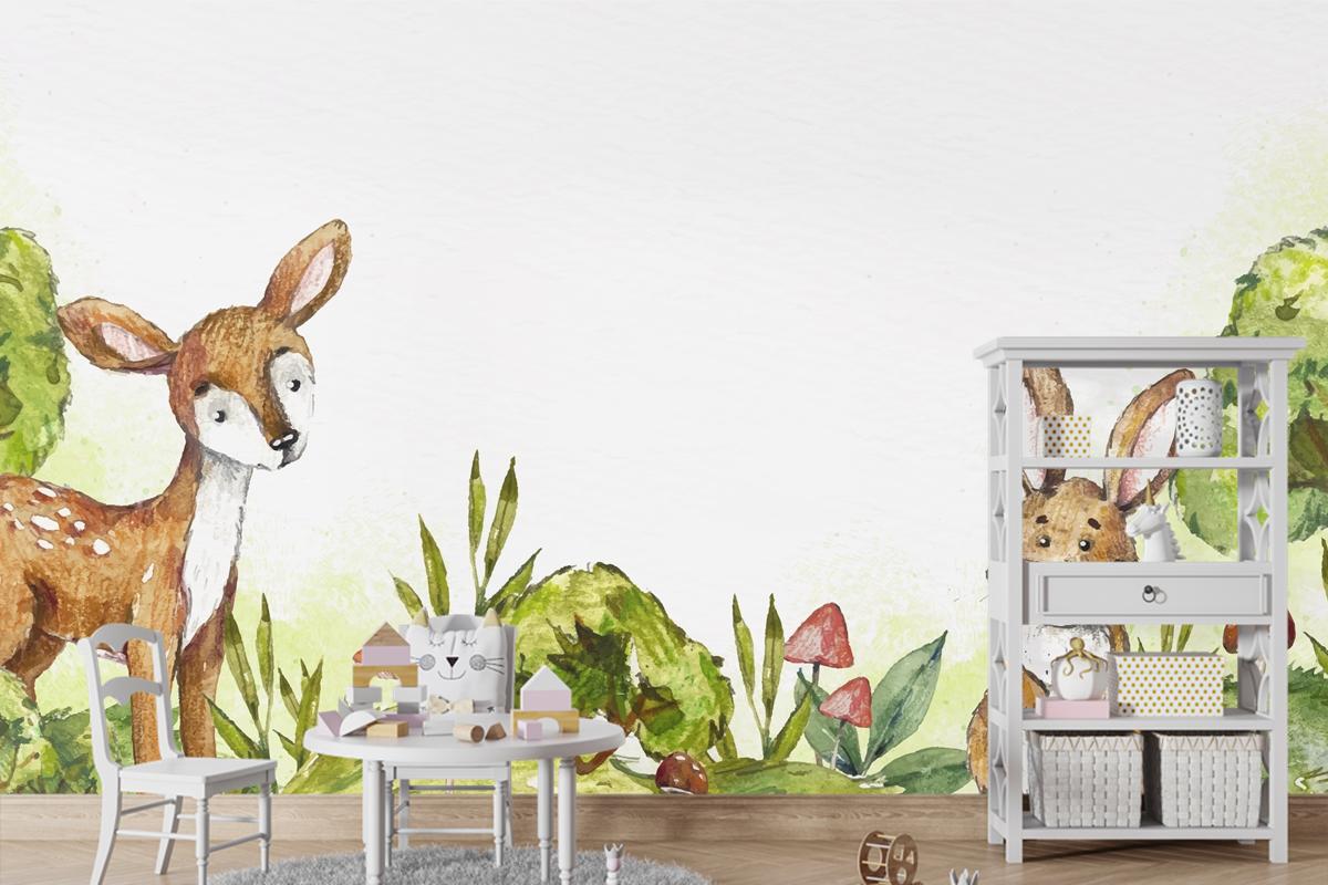 Suluboya Tavşan Ve Ormanda Geyik Çocuk Odası Duvar Kağıdı