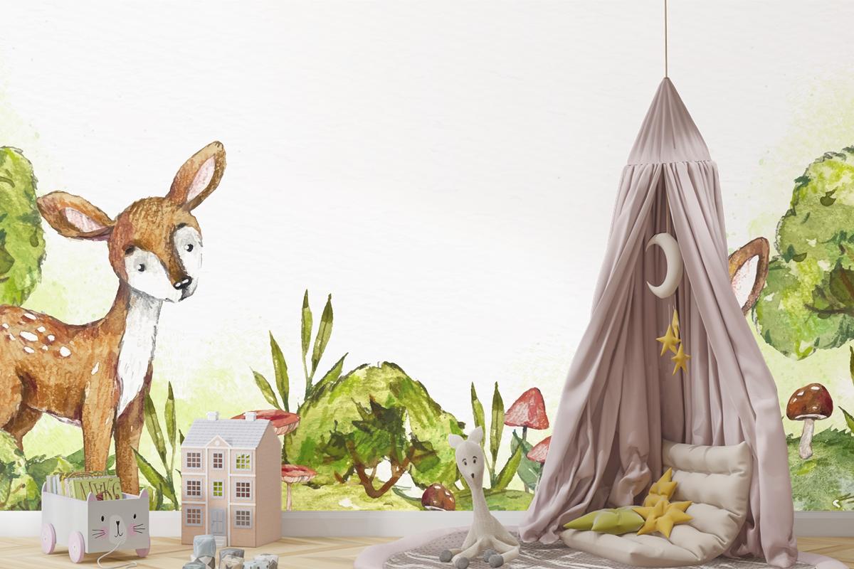 Suluboya Tavşan Ve Ormanda Geyik Çocuk Odası Duvar Kağıdı