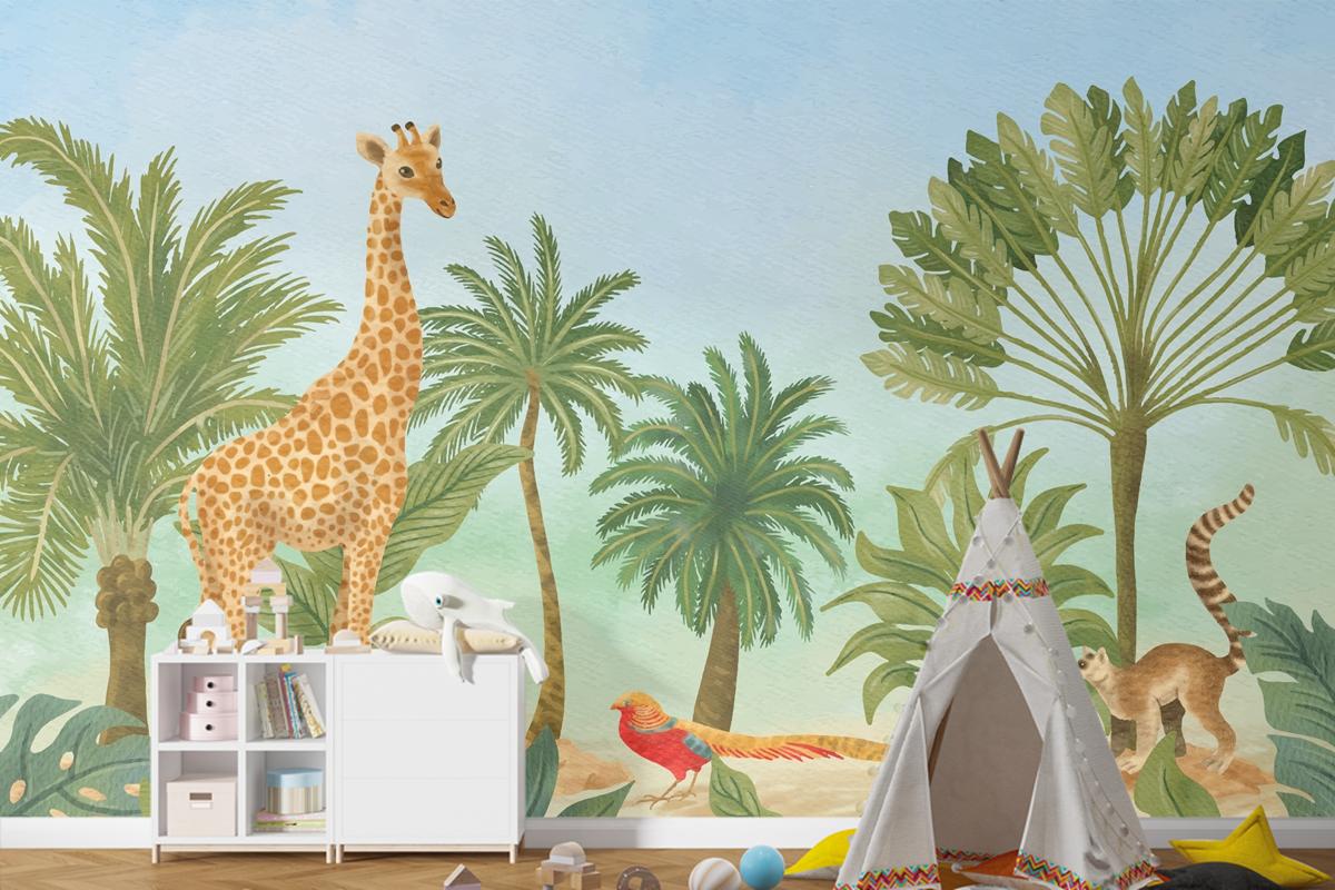 Suluboya Yaban Hayatı Arka Plan Boys Çocuk Odası Duvar Kağıdı 