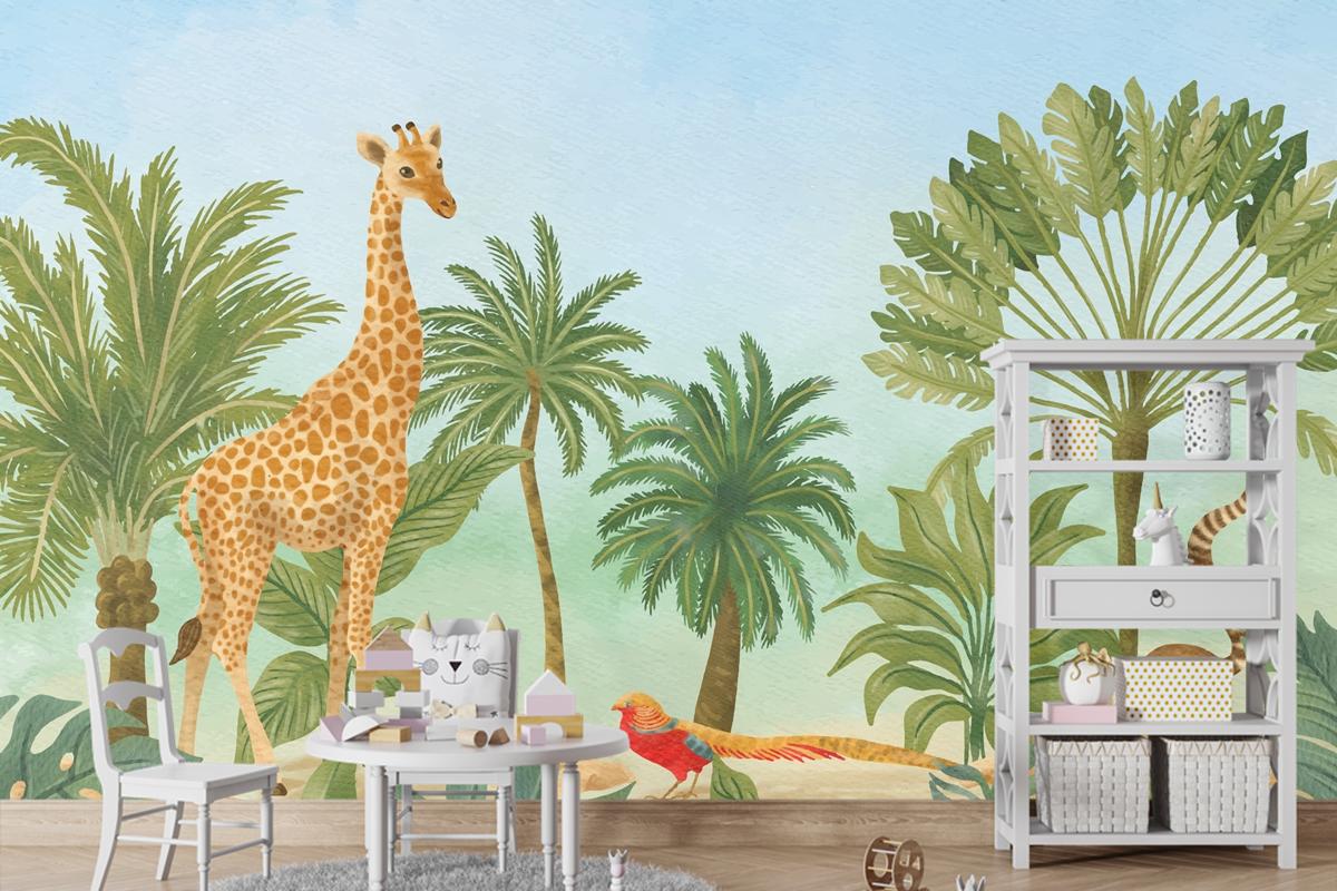 Suluboya Yaban Hayatı Arka Plan Boys Çocuk Odası Duvar Kağıdı 